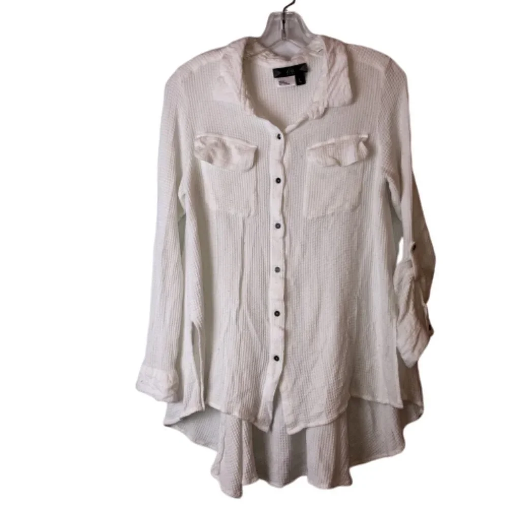 Tru Luxe Women's Large Button Up Shirt Collared Long Sleeve White Waffle Weave - Picture 2 of 13